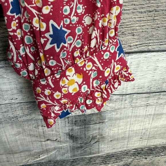 Anthropologie Maeve Red Blouse V-neck Boho Button-Up Red Floral Top 4 Feminine - Picture 6 of 10